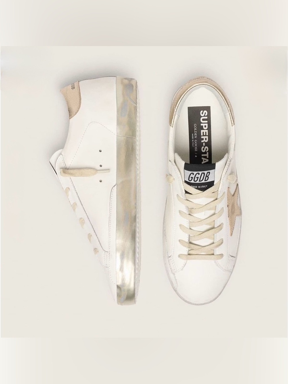 Golden Goose Super Star Sneakers w/ Gold Sparkle Foxing & Metal Stud Lettering - Picture 4 of 6